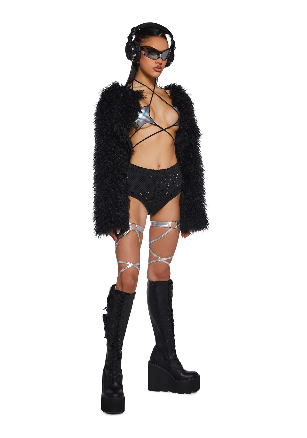 Shaggy Faux Fur Long Sleeve Shrug Club Exx - Black - Image 2