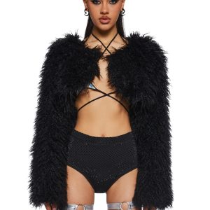 Shaggy Faux Fur Long Sleeve Shrug Club Exx - Black