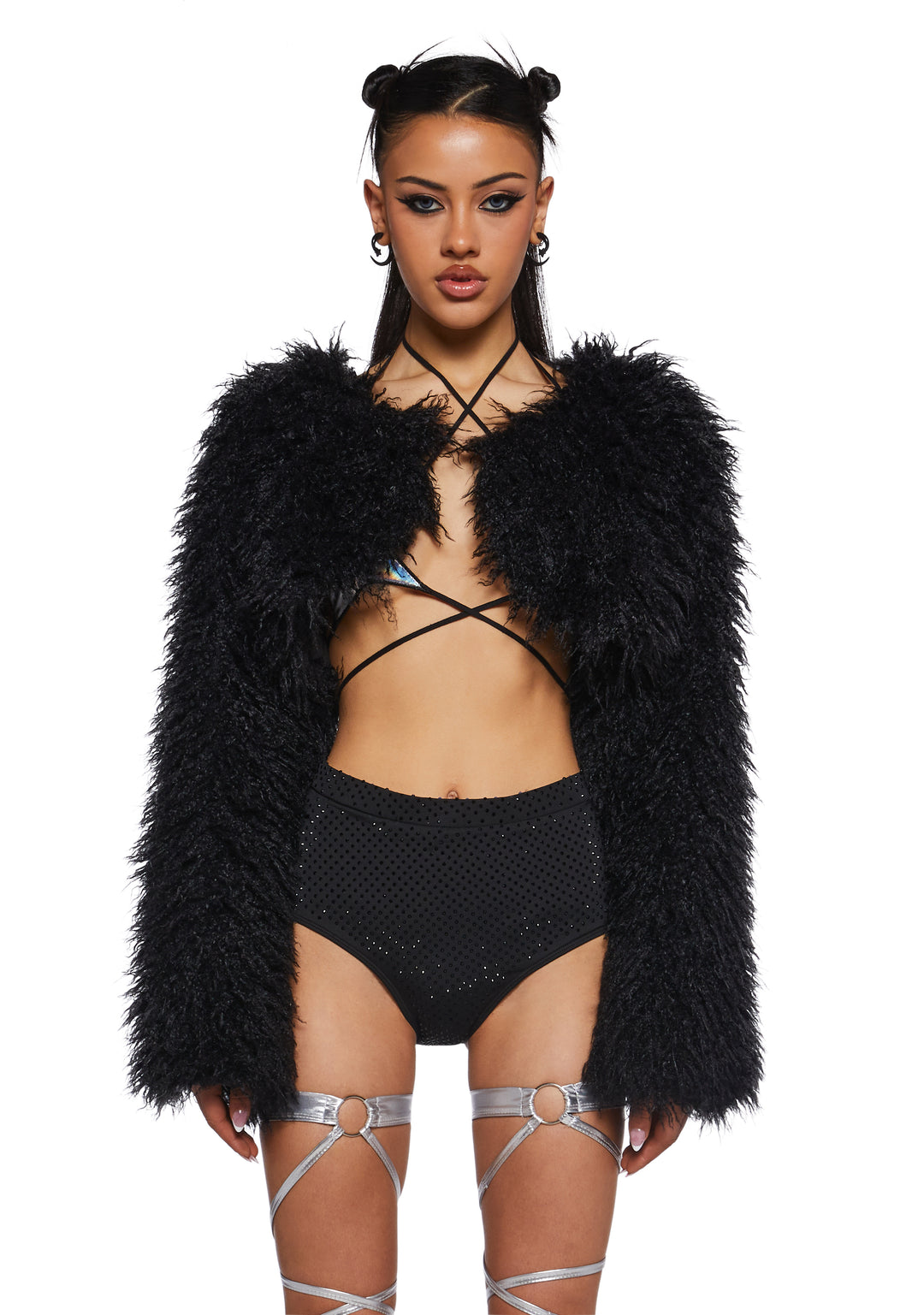 Shaggy Faux Fur Long Sleeve Shrug Club Exx - Black