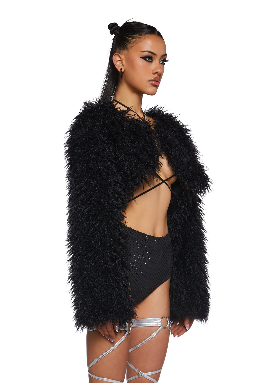 Shaggy Faux Fur Long Sleeve Shrug Club Exx - Black - Image 3