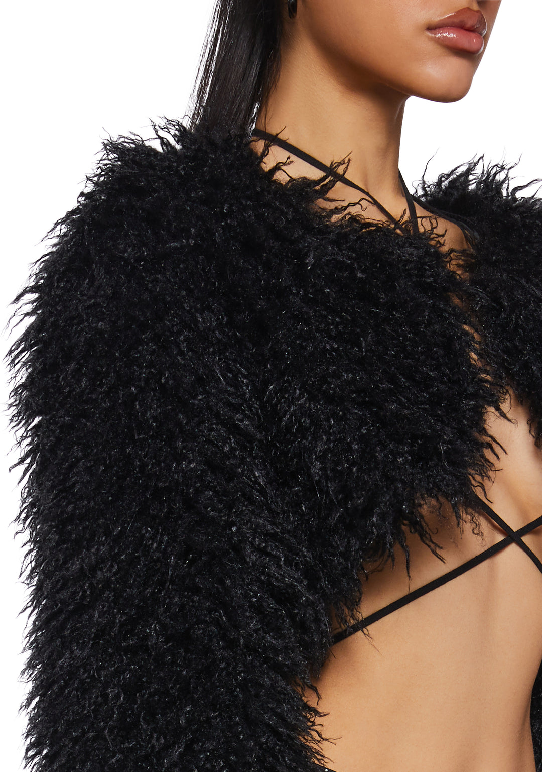 Shaggy Faux Fur Long Sleeve Shrug Club Exx - Black - Image 5