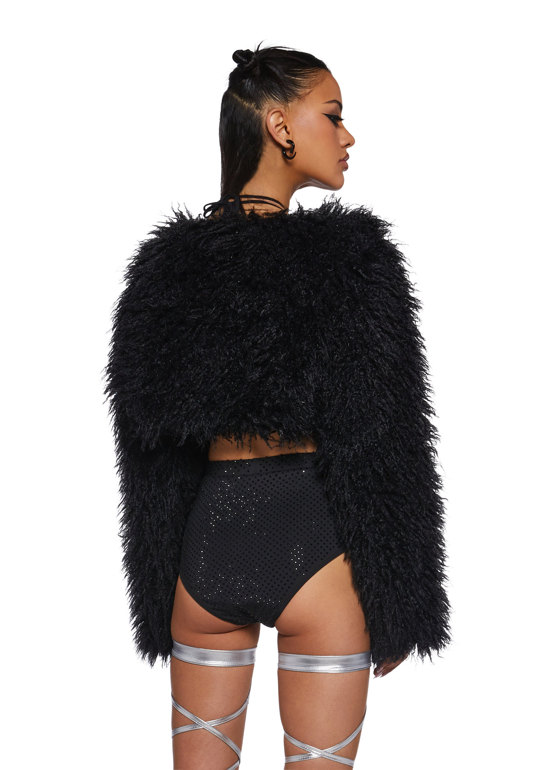 Shaggy Faux Fur Long Sleeve Shrug Club Exx - Black - Image 4