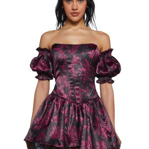 Womens Floral Print Corset Mini Dress With Tulle Hem Regencycore Sugar Thrillz - Black