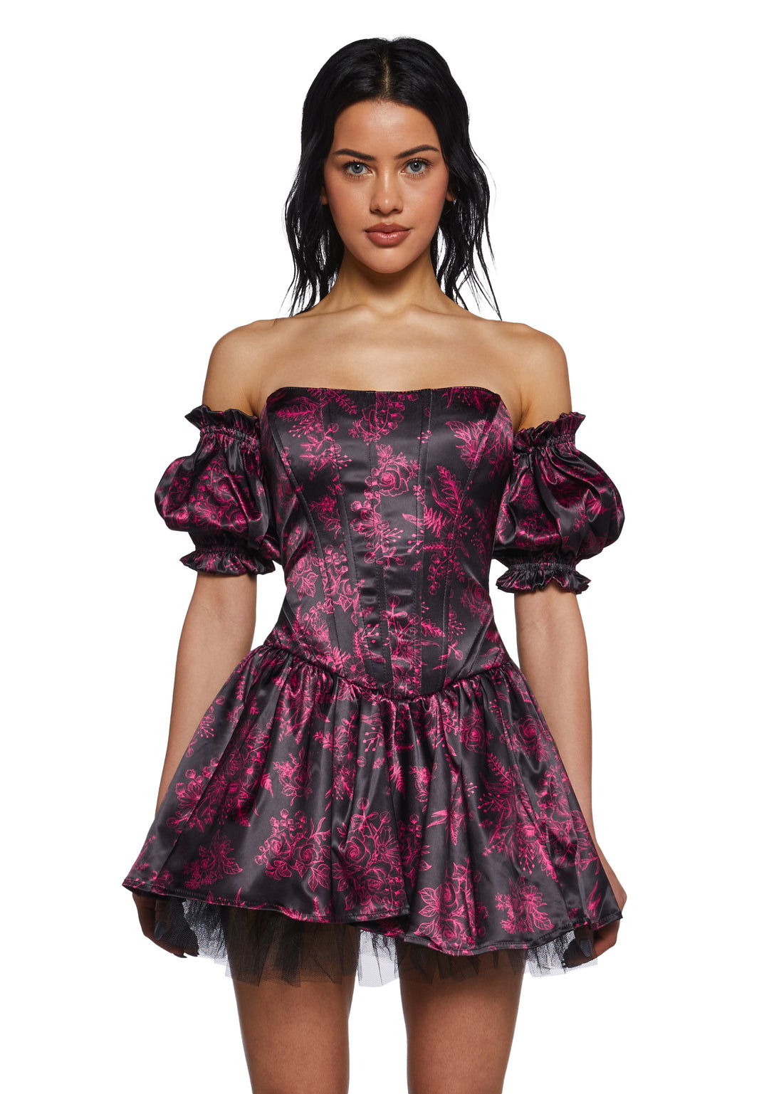 Womens Floral Print Corset Mini Dress With Tulle Hem Regencycore Sugar Thrillz - Black