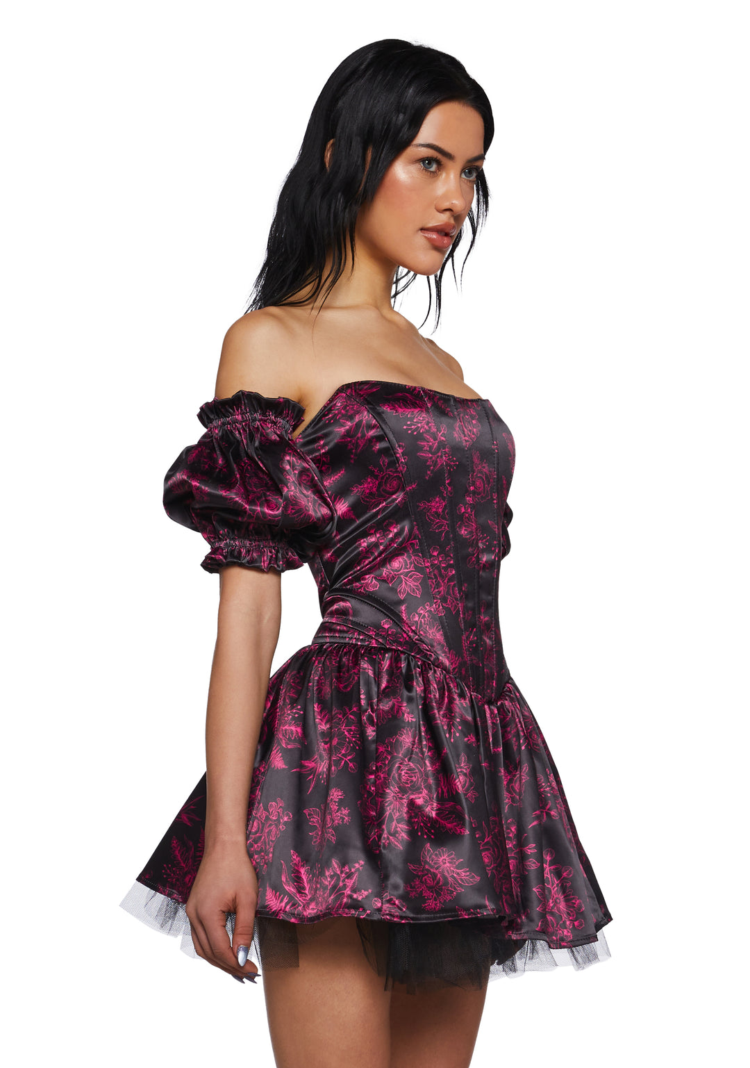Womens Floral Print Corset Mini Dress With Tulle Hem Regencycore Sugar Thrillz - Black - Image 3