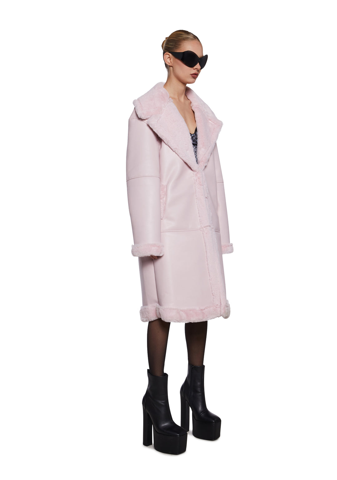 Womens Faux Shearling Vegan Leather Midi Coat Generation Kiss - Pink - Image 3