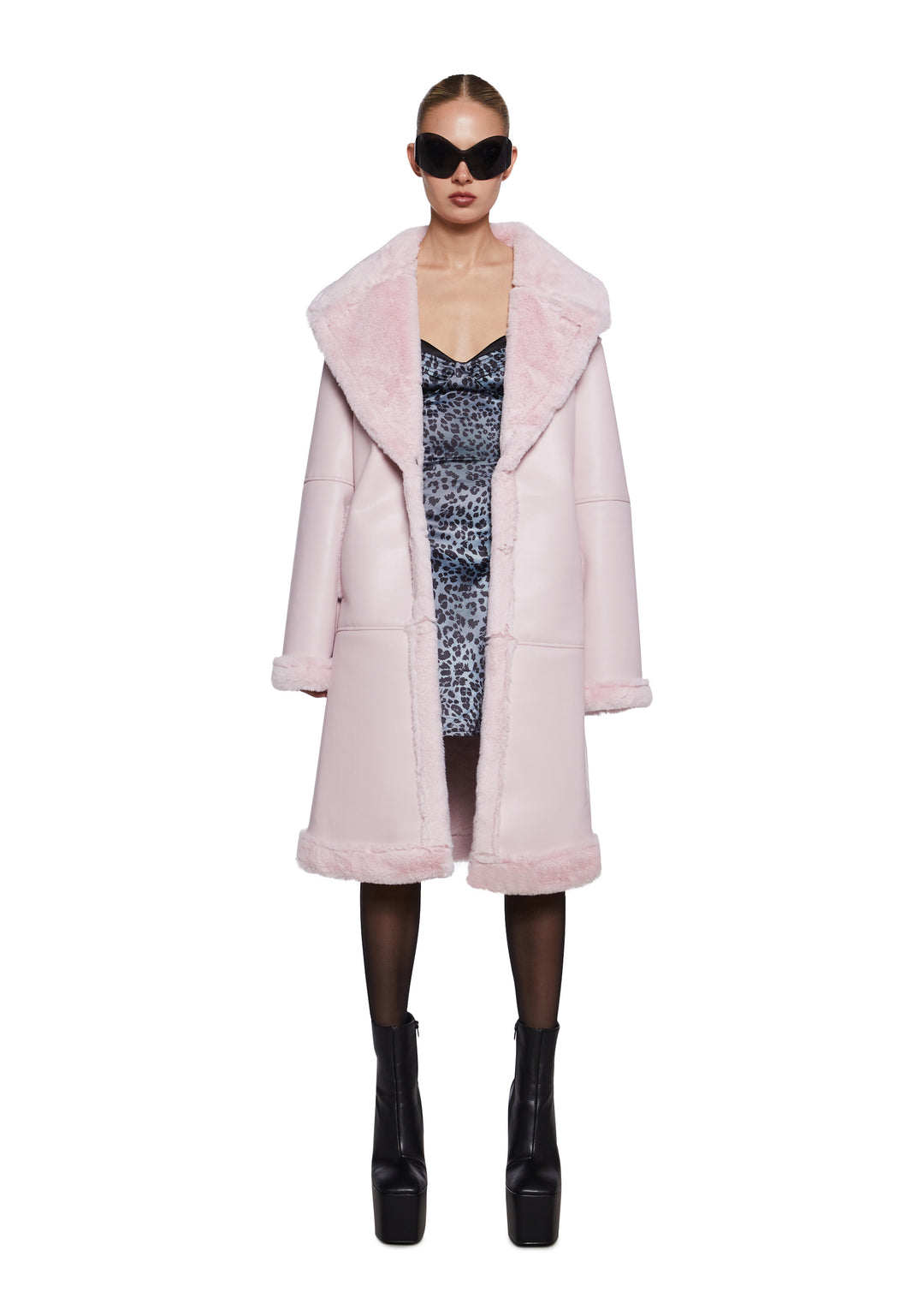 Womens Faux Shearling Vegan Leather Midi Coat Generation Kiss - Pink - Image 6