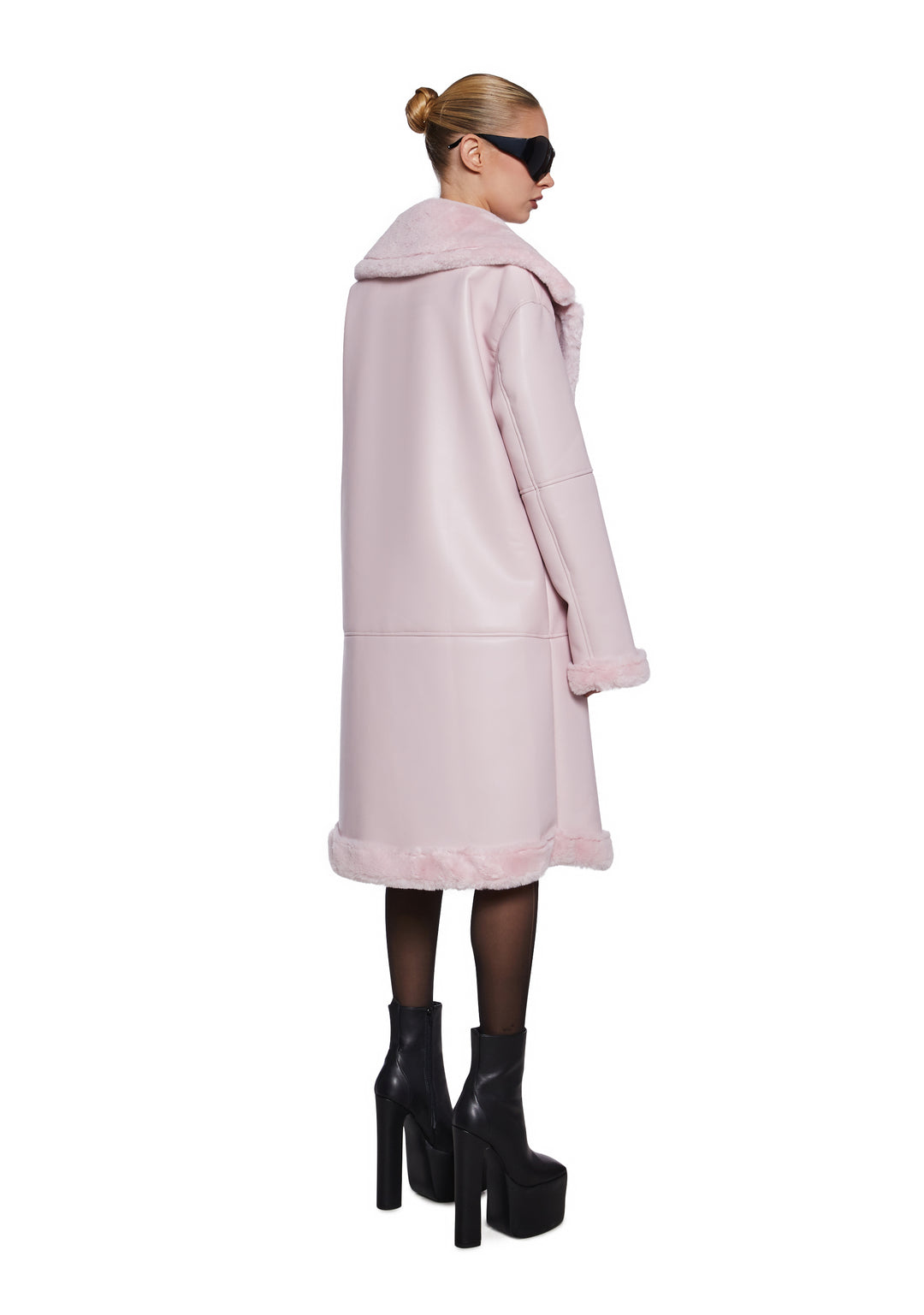 Womens Faux Shearling Vegan Leather Midi Coat Generation Kiss - Pink - Image 4