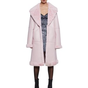Womens Faux Shearling Vegan Leather Midi Coat Generation Kiss - Pink