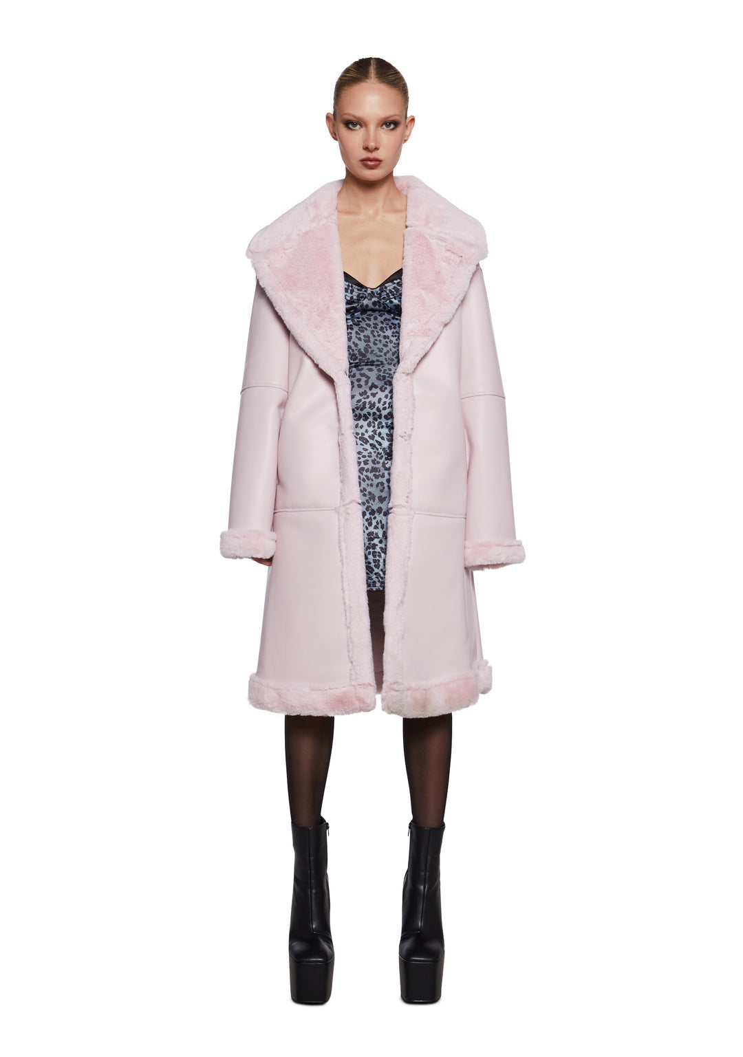 Womens Faux Shearling Vegan Leather Midi Coat Generation Kiss - Pink