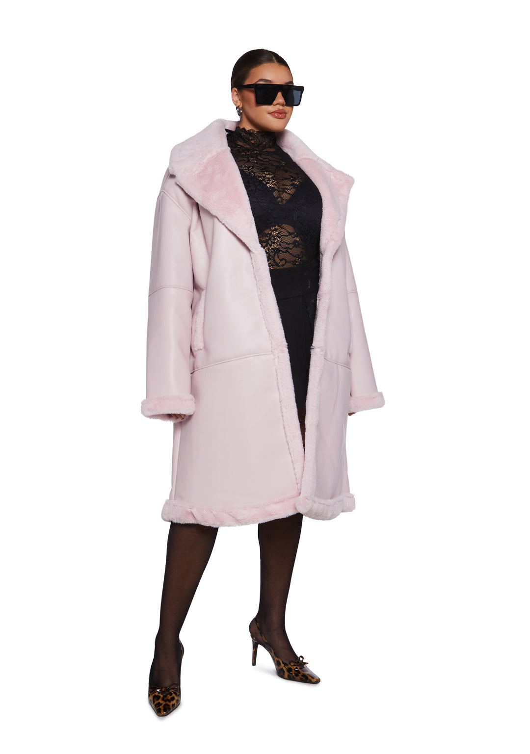 Womens Faux Shearling Vegan Leather Midi Coat Generation Kiss - Pink - Image 9
