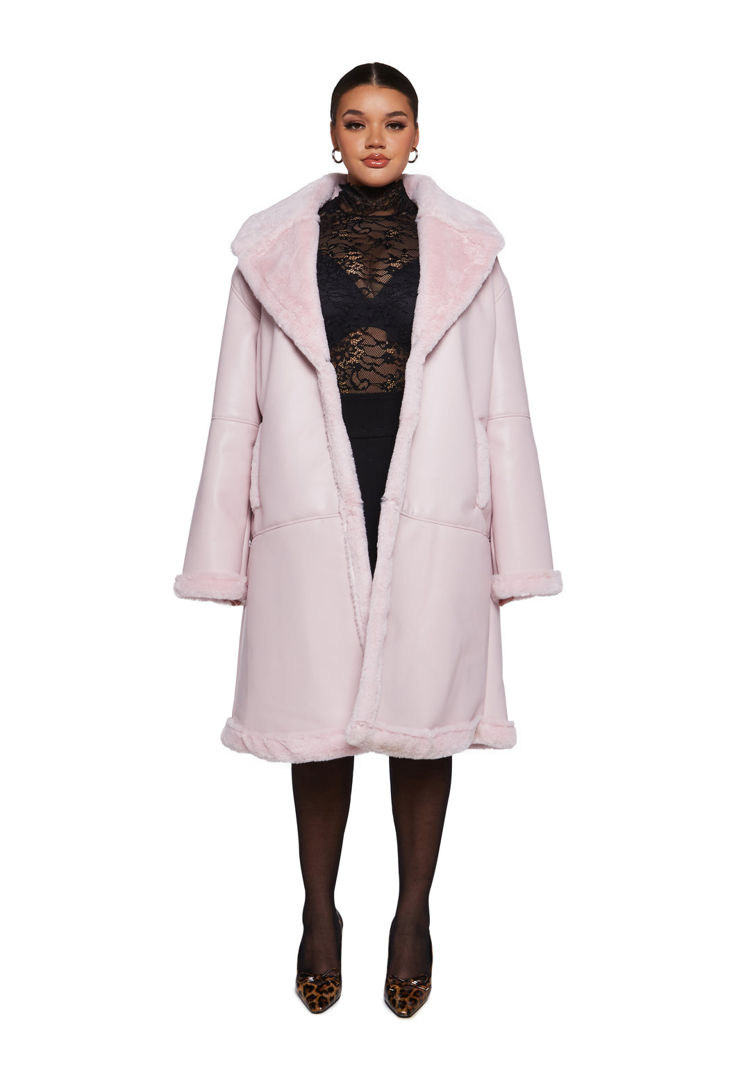 Womens Faux Shearling Vegan Leather Midi Coat Generation Kiss - Pink - Image 2