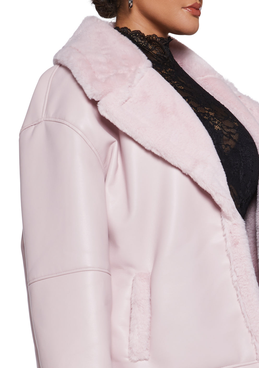 Womens Faux Shearling Vegan Leather Midi Coat Generation Kiss - Pink - Image 10