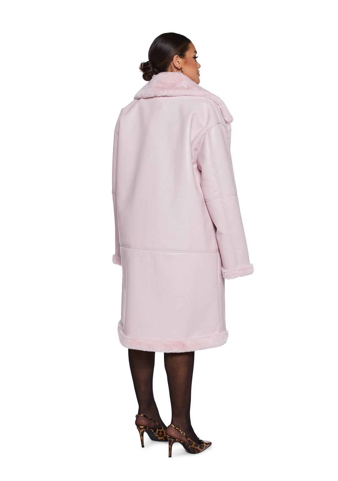 Womens Faux Shearling Vegan Leather Midi Coat Generation Kiss - Pink - Image 11