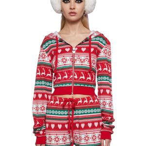 Waffle Knit Reindeer Snowflake Heart Holiday Print Intarsia Zip-Up Hoodie Sugar Thrillz - Multi