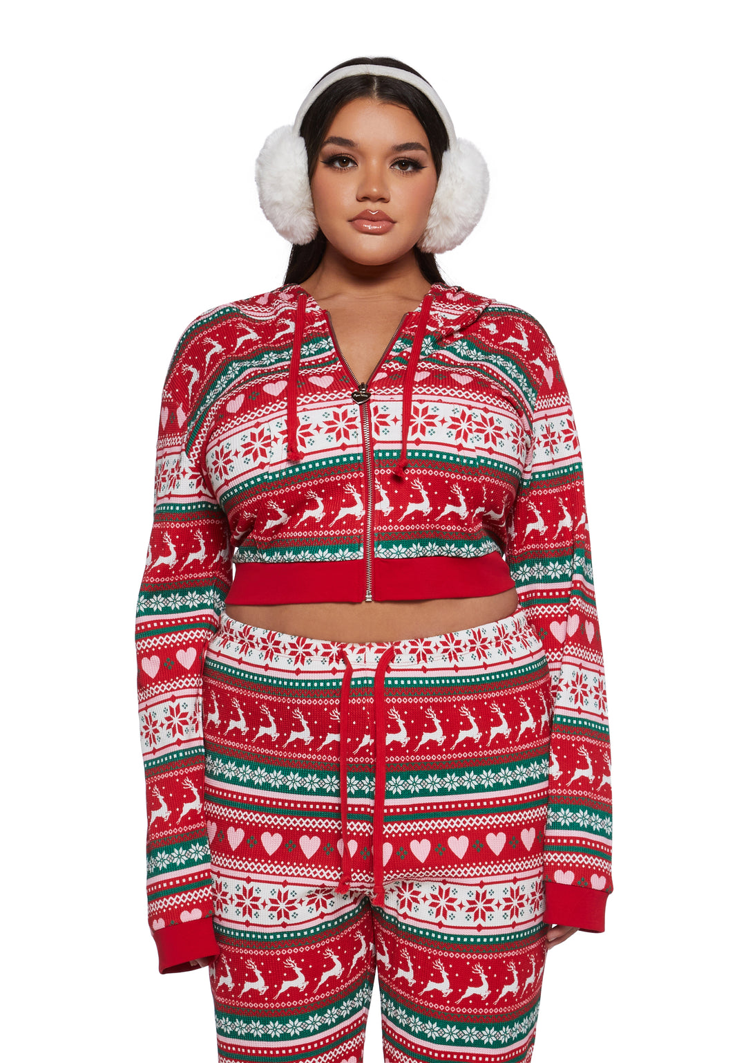 Waffle Knit Reindeer Snowflake Heart Holiday Print Intarsia Zip-Up Hoodie Sugar Thrillz - Multi - Image 2