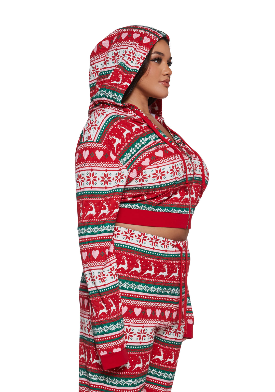 Waffle Knit Reindeer Snowflake Heart Holiday Print Intarsia Zip-Up Hoodie Sugar Thrillz - Multi - Image 8
