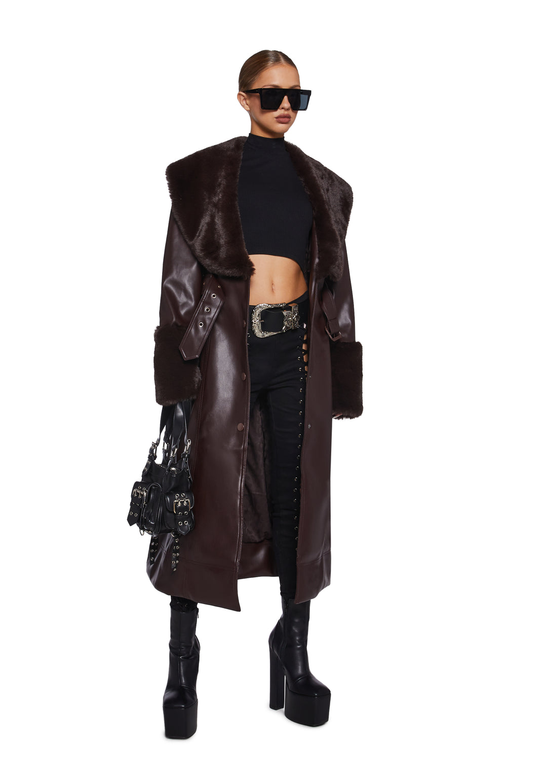 Vegan Leather Faux Fur Trim Trench Coat Current Mood - Brown - Image 5