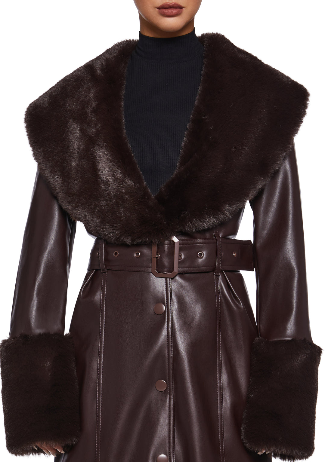 Vegan Leather Faux Fur Trim Trench Coat Current Mood - Brown - Image 6