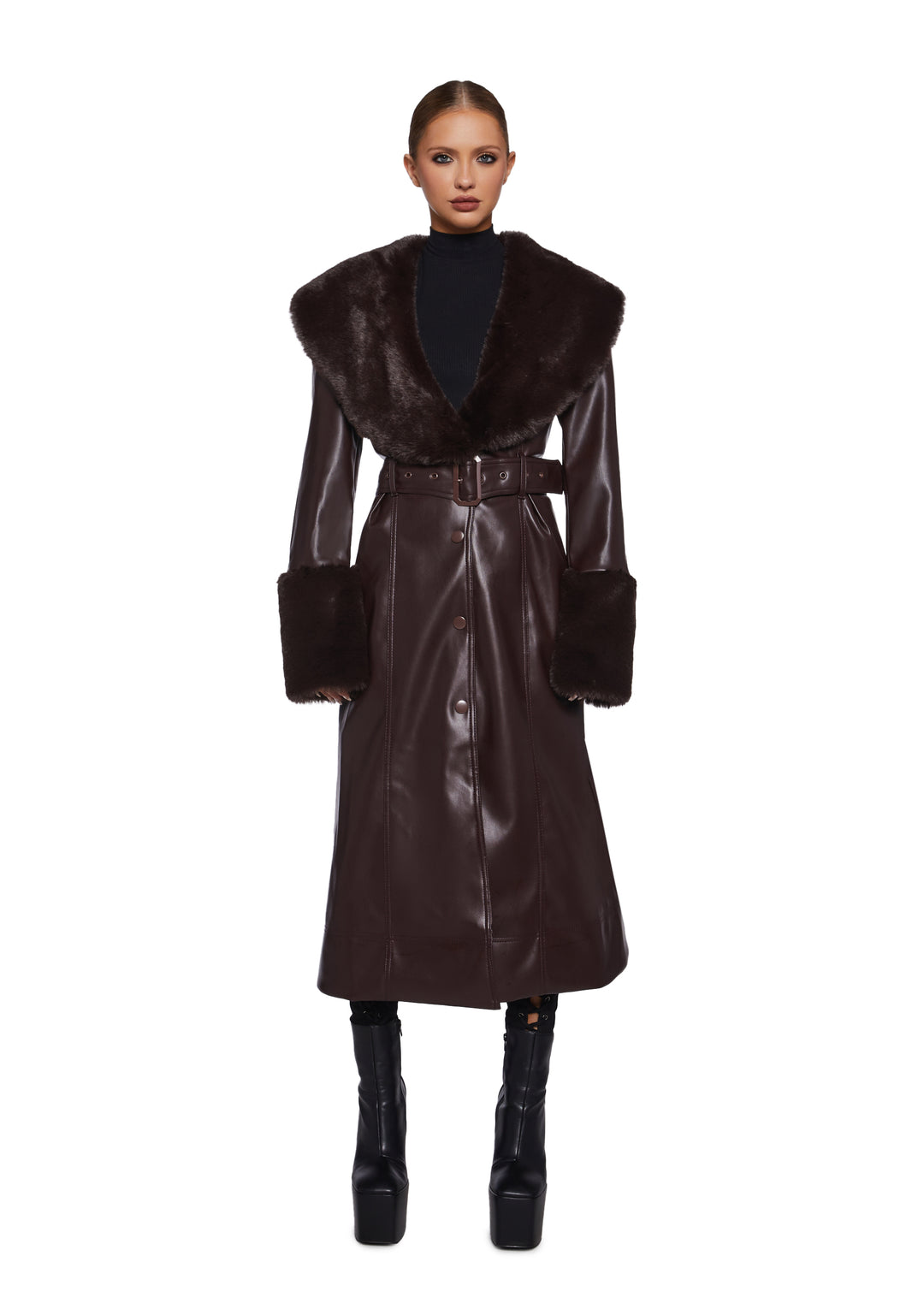 Vegan Leather Faux Fur Trim Trench Coat Current Mood - Brown