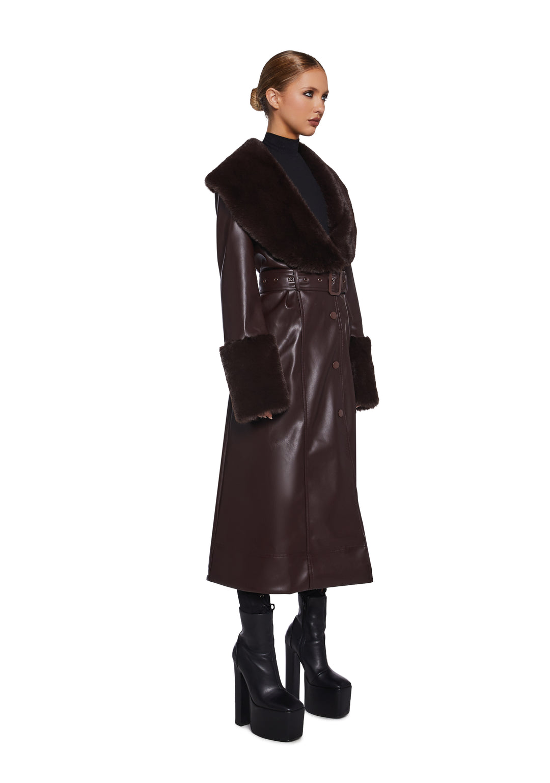 Vegan Leather Faux Fur Trim Trench Coat Current Mood - Brown - Image 3
