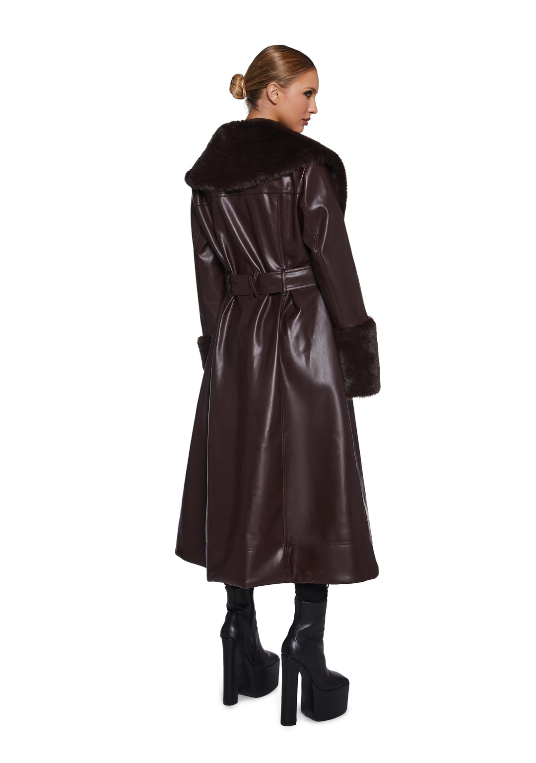 Vegan Leather Faux Fur Trim Trench Coat Current Mood - Brown - Image 4