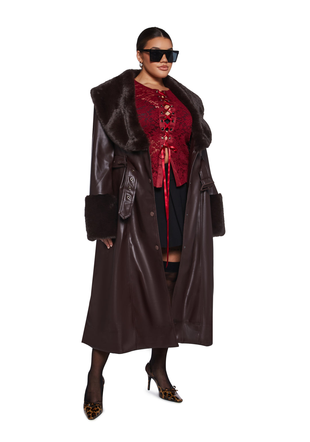 Vegan Leather Faux Fur Trim Trench Coat Current Mood - Brown - Image 9