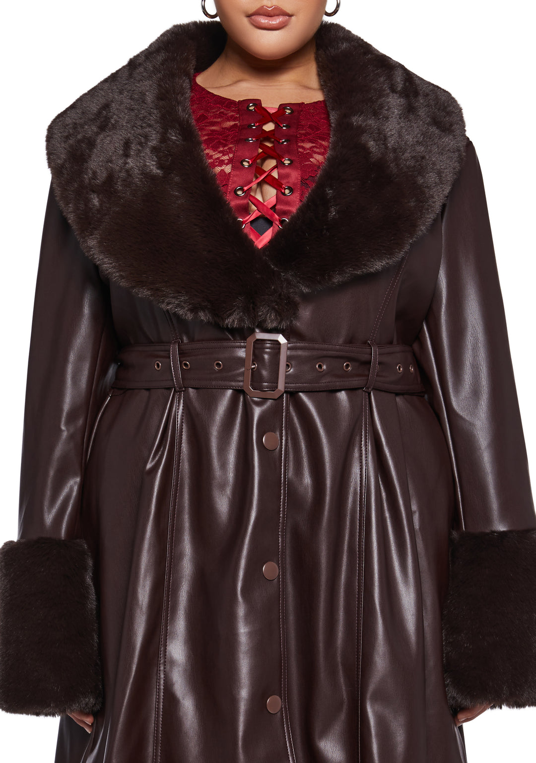 Vegan Leather Faux Fur Trim Trench Coat Current Mood - Brown - Image 10