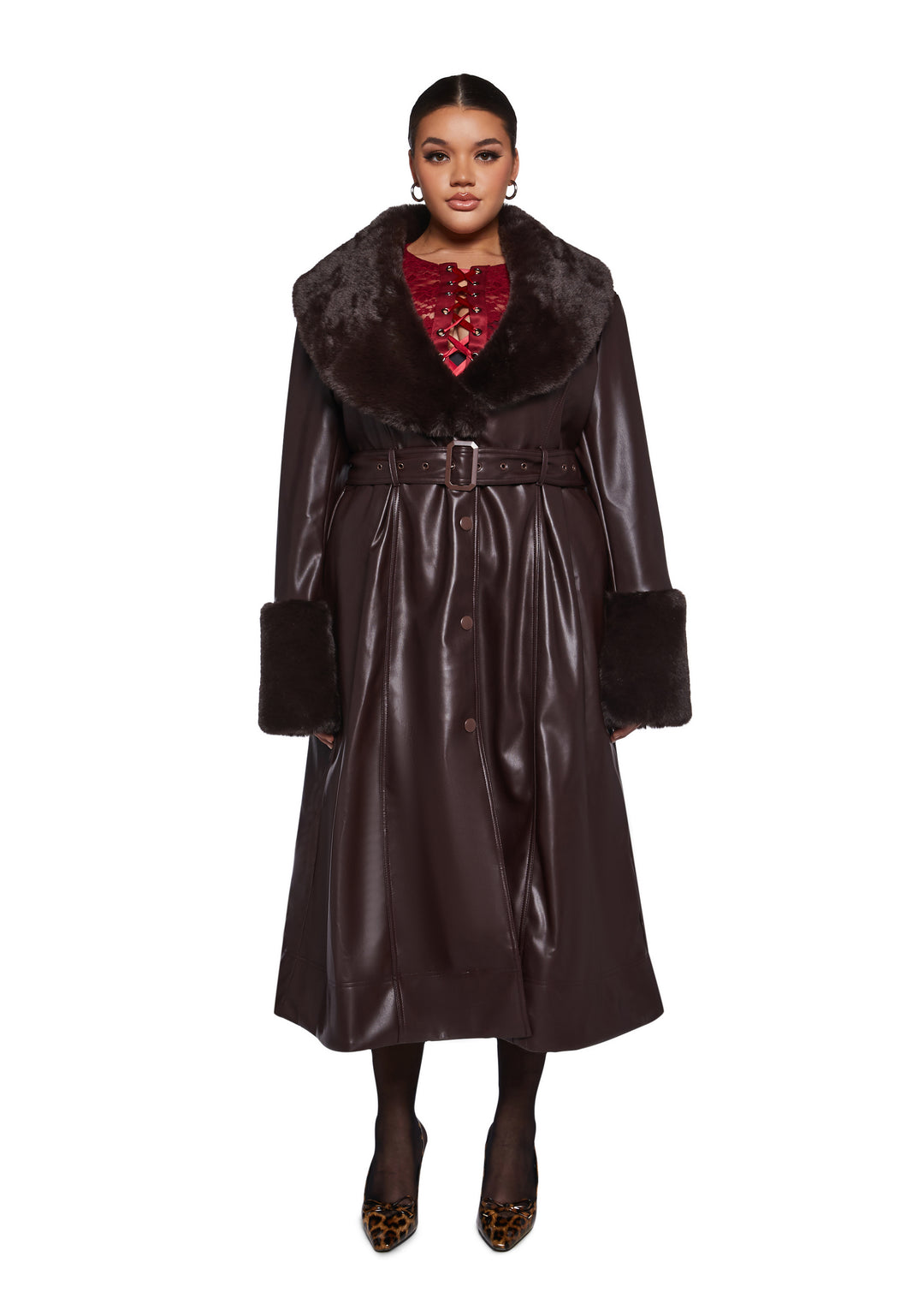 Vegan Leather Faux Fur Trim Trench Coat Current Mood - Brown - Image 2