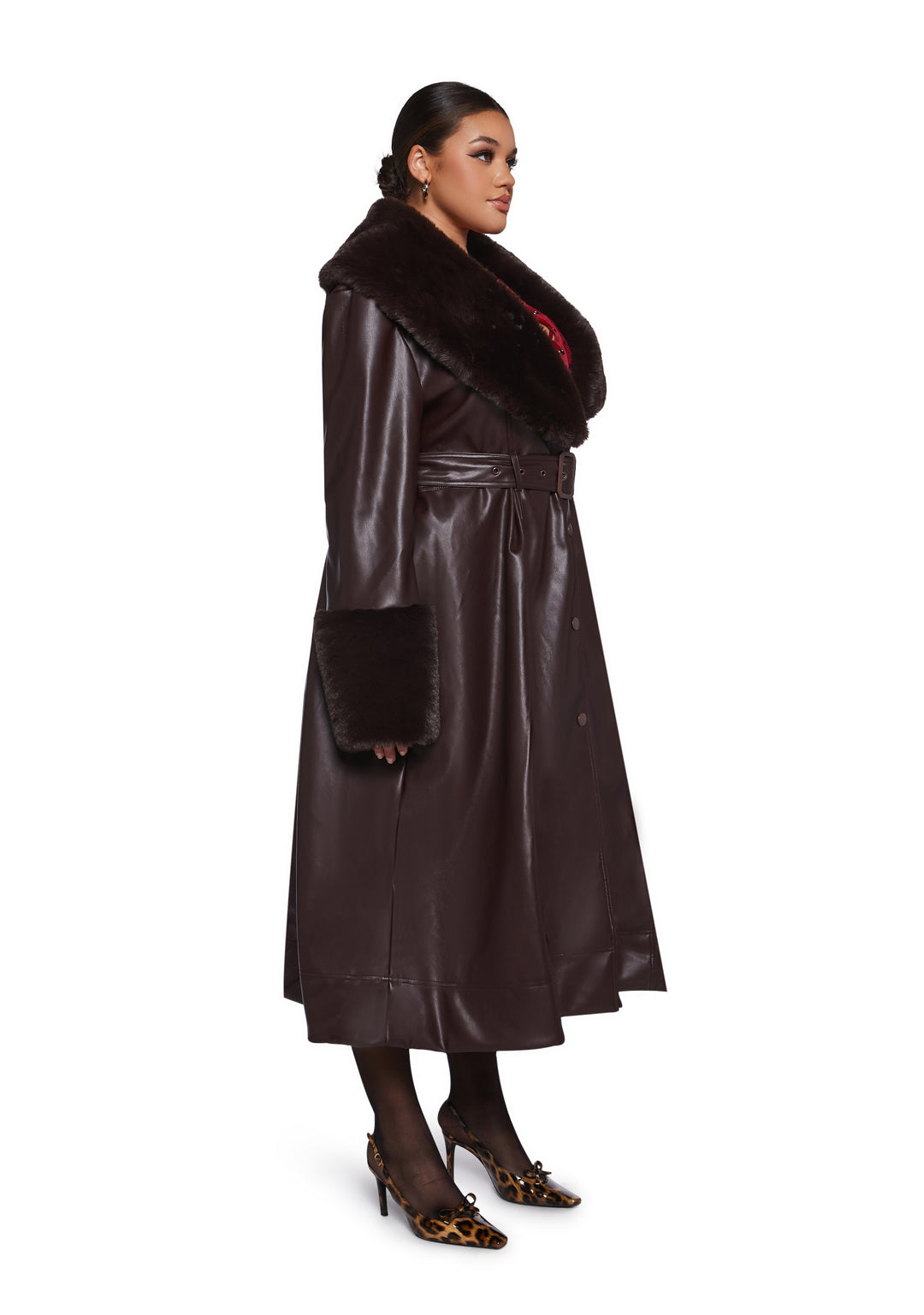 Vegan Leather Faux Fur Trim Trench Coat Current Mood - Brown - Image 7