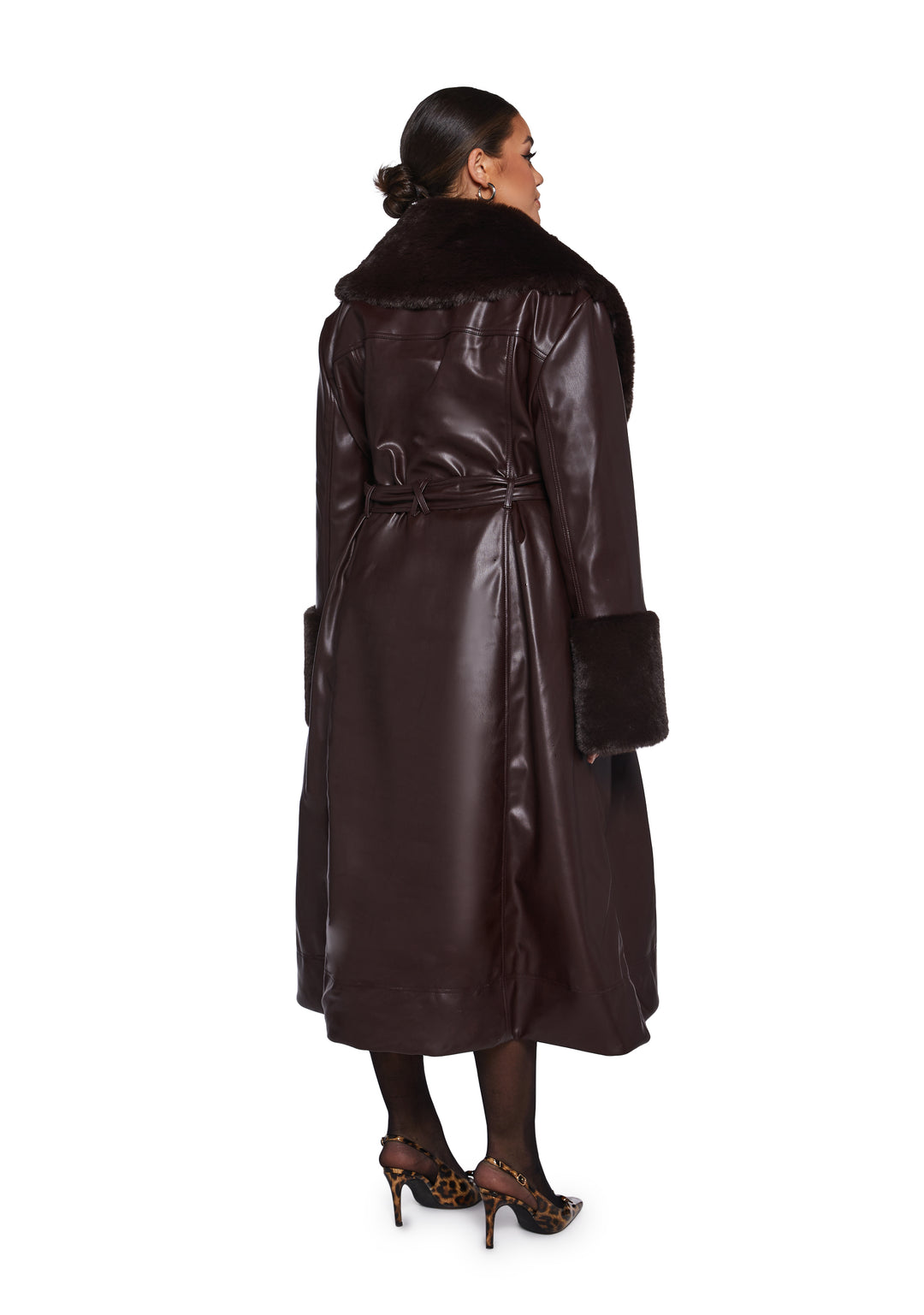 Vegan Leather Faux Fur Trim Trench Coat Current Mood - Brown - Image 8