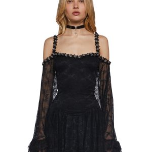 Stretchy Floral Lace Tiered Ruffle Mini Dress Sugar Thrillz - Black