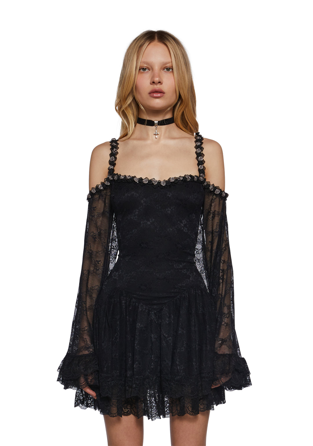 Stretchy Floral Lace Tiered Ruffle Mini Dress Sugar Thrillz - Black