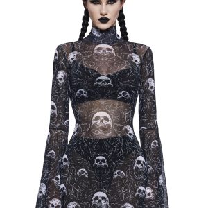 The Grave Girls Sheer Mesh Mock Neck Long Sleeve Mini Dress - Black