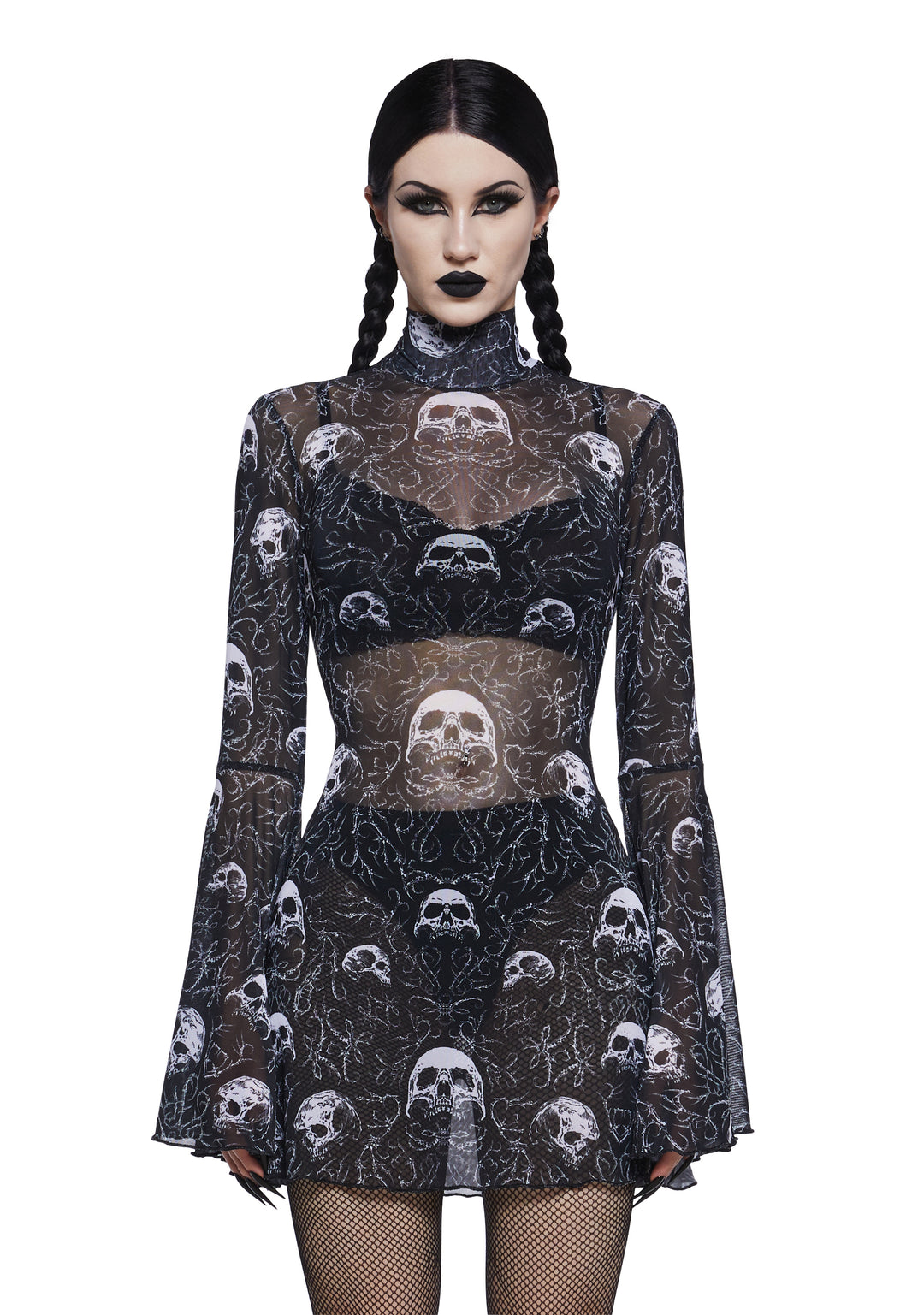 The Grave Girls Sheer Mesh Mock Neck Long Sleeve Mini Dress - Black