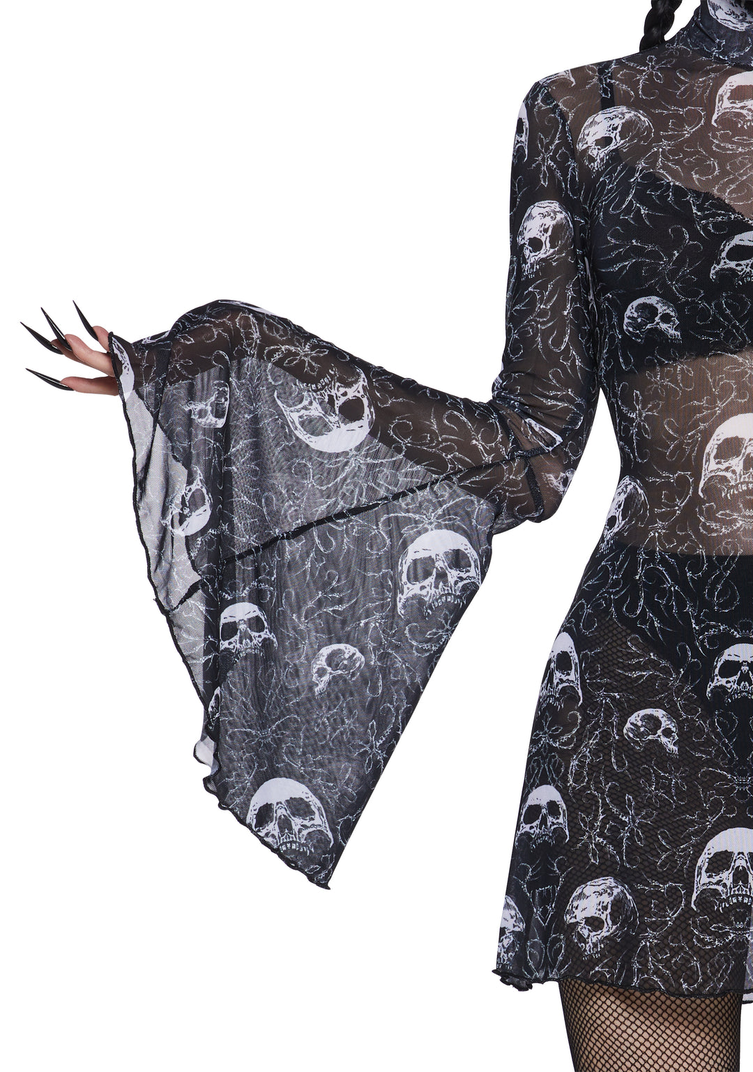 The Grave Girls Sheer Mesh Mock Neck Long Sleeve Mini Dress - Black - Image 5