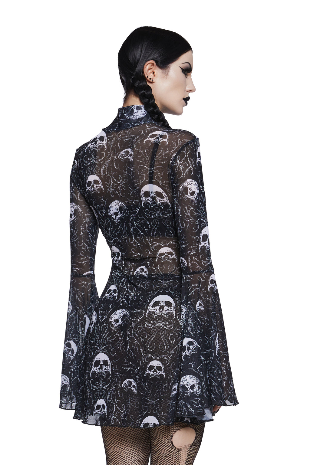 The Grave Girls Sheer Mesh Mock Neck Long Sleeve Mini Dress - Black - Image 4