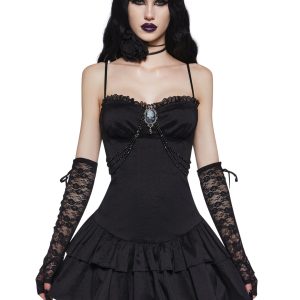 Tiered Taffeta Cameo Rosary Mini Dress Widow - Black