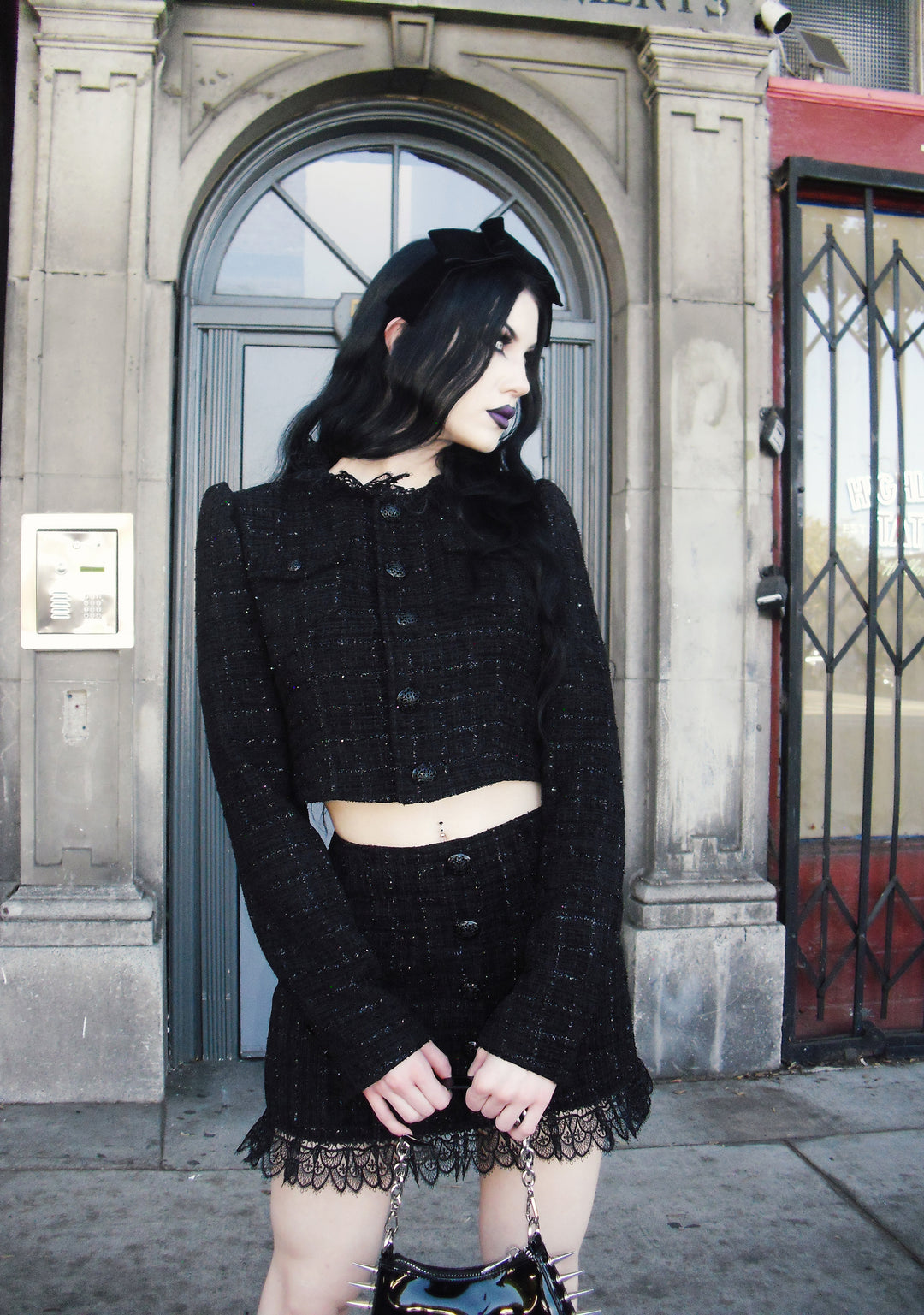 Womens Sexy Tweed Glitter Cropped Blazer Widow - Black - Image 6