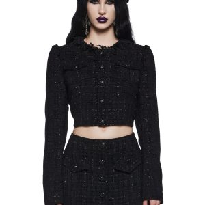 Womens Sexy Tweed Glitter Cropped Blazer Widow - Black