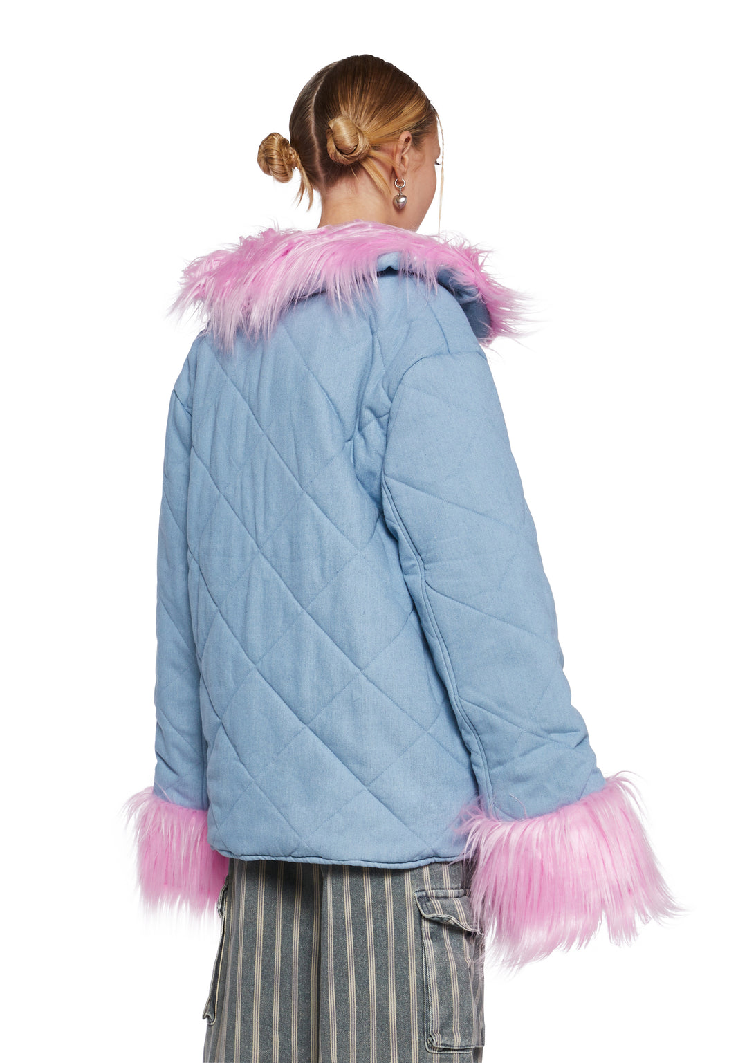 Womens Quilted Jacket With Faux Fur Trim Delias - Blue - Image 4