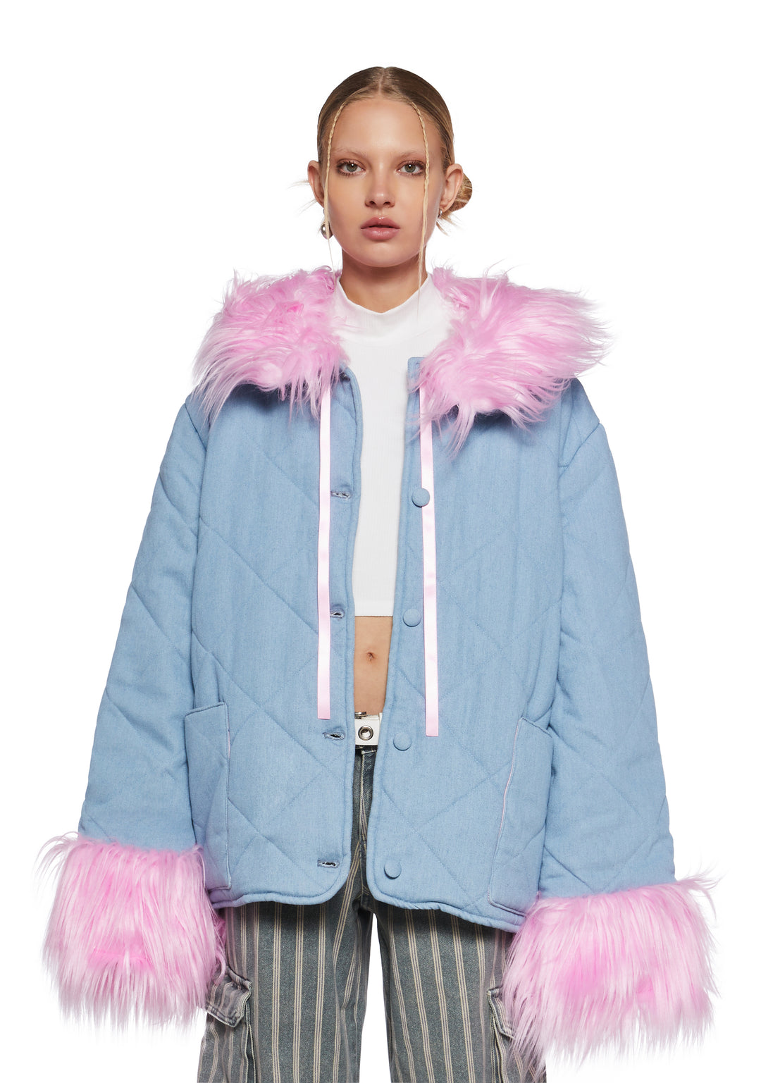 Womens Quilted Jacket With Faux Fur Trim Delias - Blue - Image 5