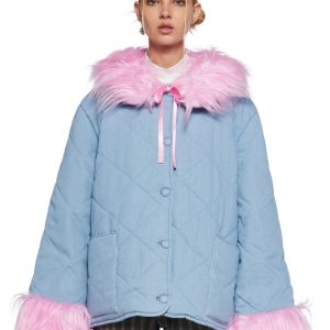 Womens Quilted Jacket With Faux Fur Trim Delias - Blue