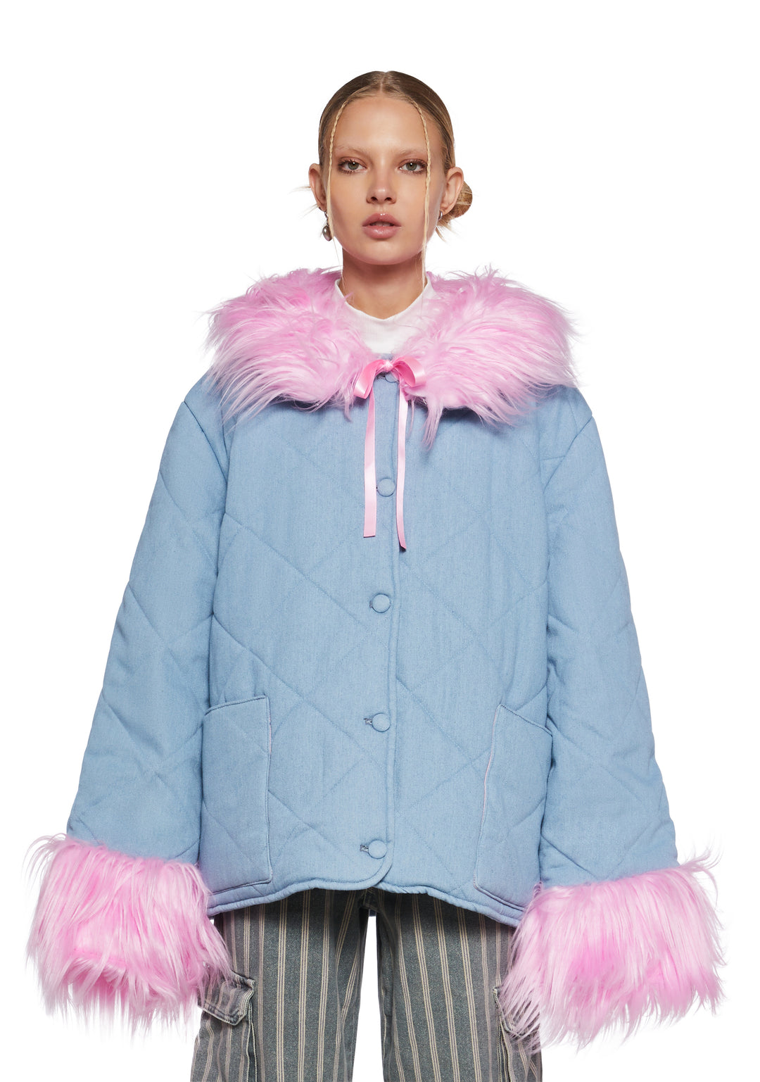 Womens Quilted Jacket With Faux Fur Trim Delias - Blue