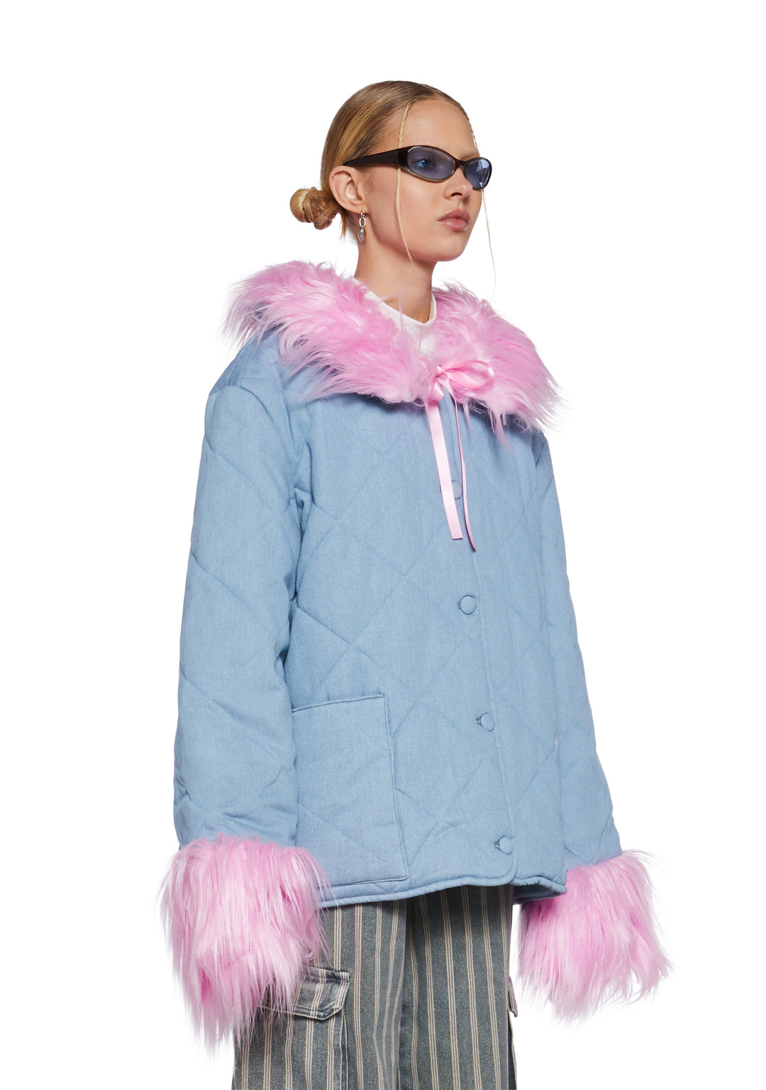 Womens Quilted Jacket With Faux Fur Trim Delias - Blue - Image 3