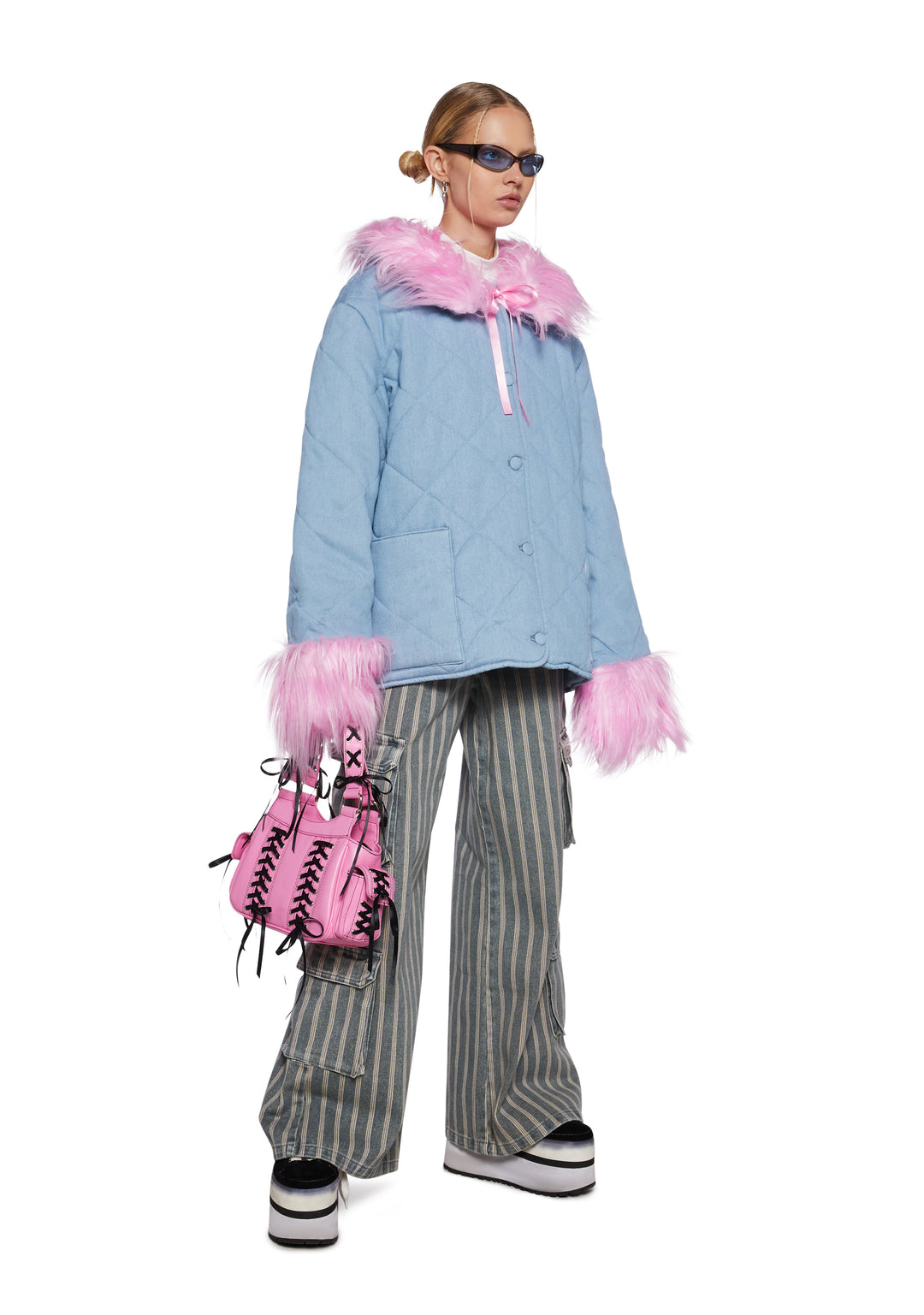 Womens Quilted Jacket With Faux Fur Trim Delias - Blue - Image 2