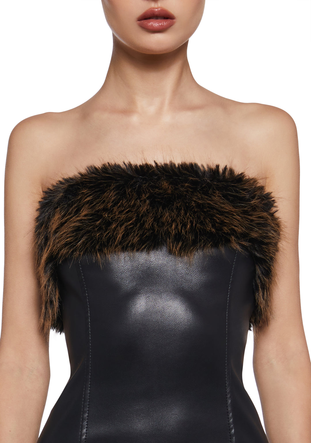 Womens Sexy Strapless Vegan Leather Dress With Faux Fur Trim Generation Kiss - Black - Image 5
