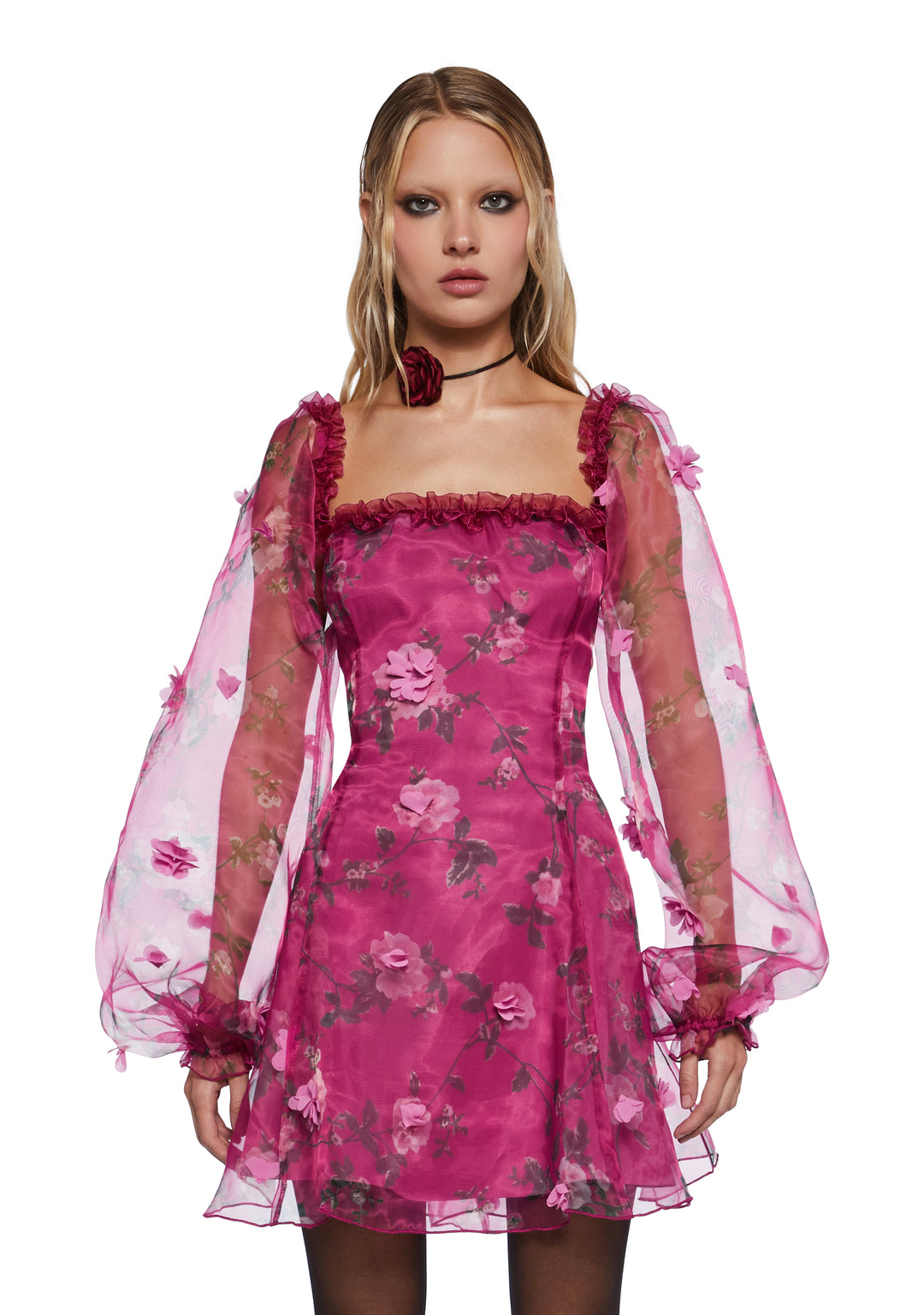 Girly Regencycore 3D Floral Applique Mini Dress Sugar Thrillz - Pink