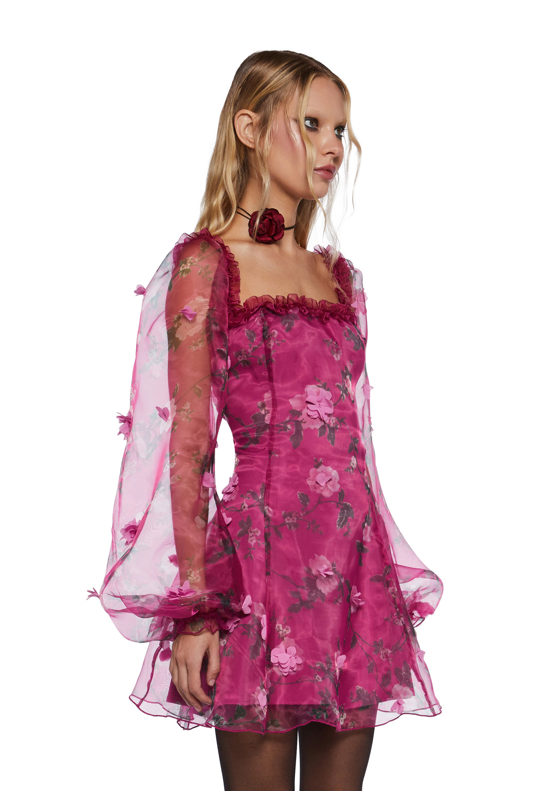 Girly Regencycore 3D Floral Applique Mini Dress Sugar Thrillz - Pink - Image 3