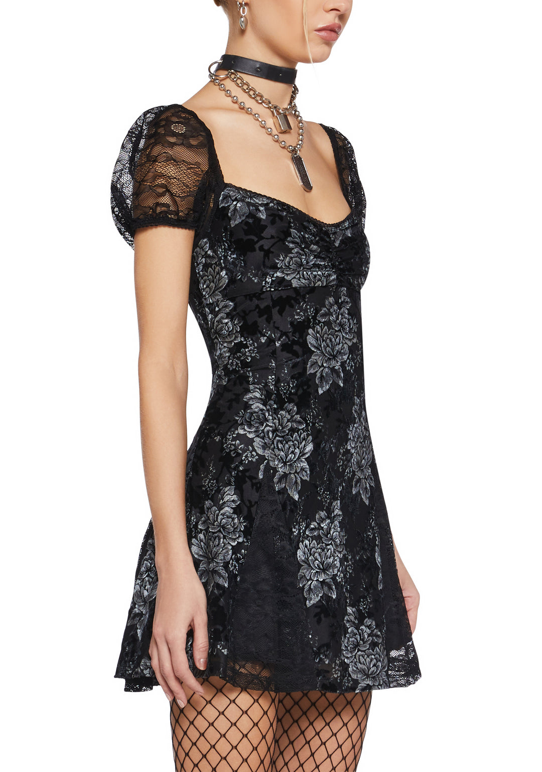 Womens Velvet Floral Mini Dress Current Mood - Silver/Black - Image 5